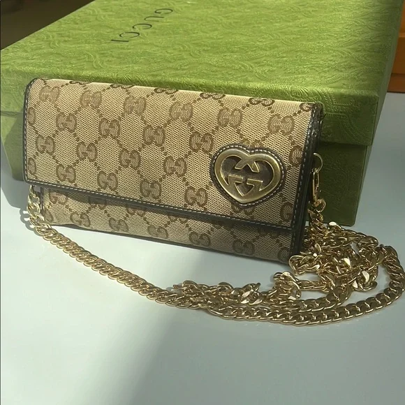Gucci GG Heart Logo Guccissima Long Wallet /clutch on chain - Picture 4 of 16